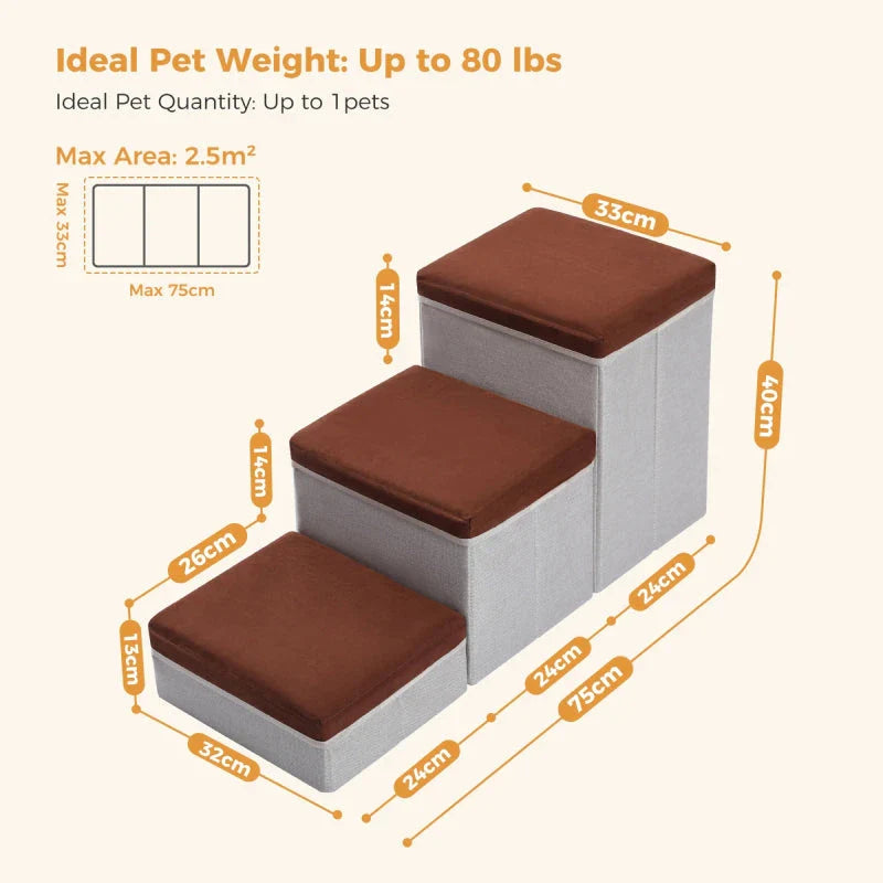 A foldable 2-in-1 pet ladder with a storage compartment, designed for dogs and puppies to safely access high places in the home.