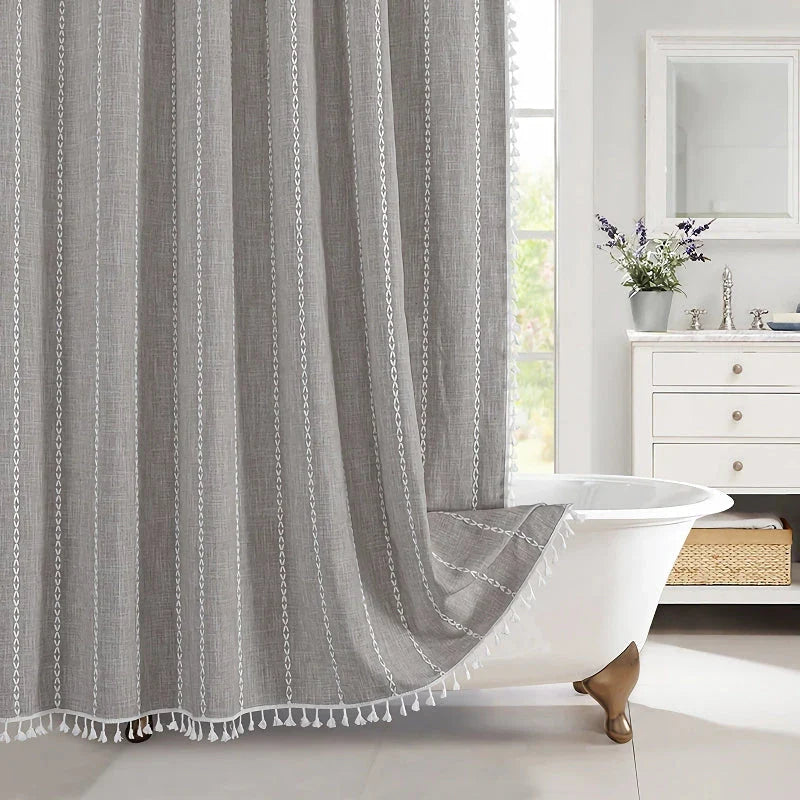 Elegant bohemian-style shower curtain with unique stitching design, perfect for creating a serene and stylish Kiwi bathroom atmosphere.