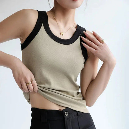 Knitted ribbed cotton camisole in army green color, designed for Kiwi women with a flattering, versatile silhouette.