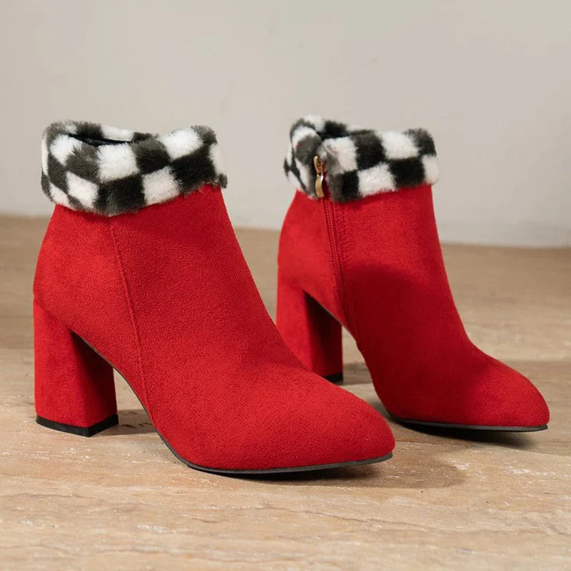 A pair of stylish plaid print plush ankle boots with a square heel, designed for warm and comfortable winter wear.