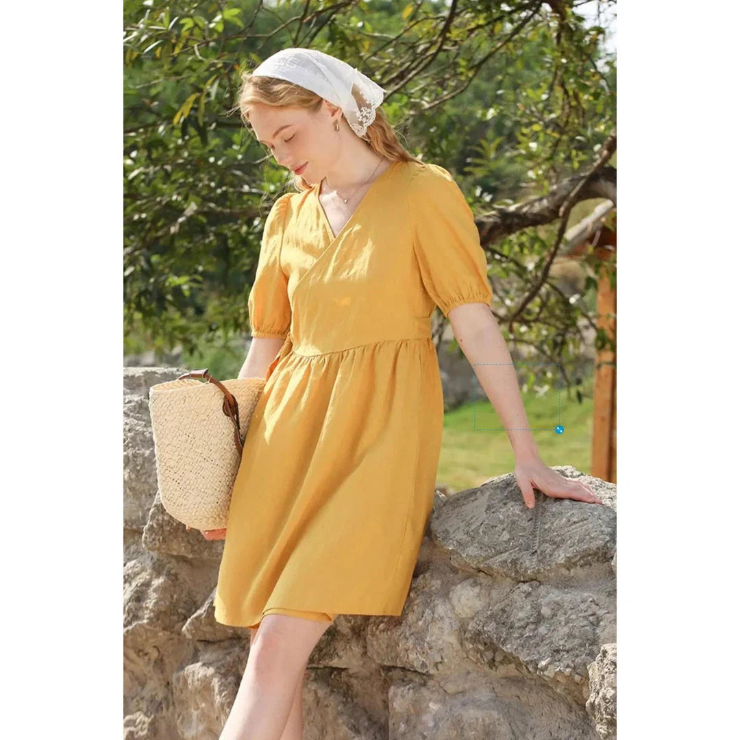 Stylish linen mini dress with puff sleeves and lace-up detail, perfect for Kiwi summer