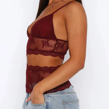 Stylish floral lace camisole with spaghetti straps and backless design, perfect for summer fashion