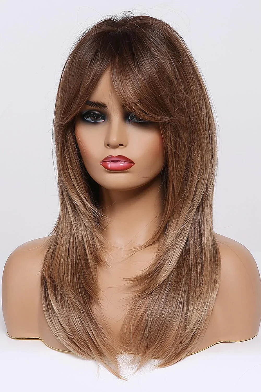 Stylish mid-length wave synthetic wig in cream color with comfortable cap construction and heat-safe synthetic fibres
