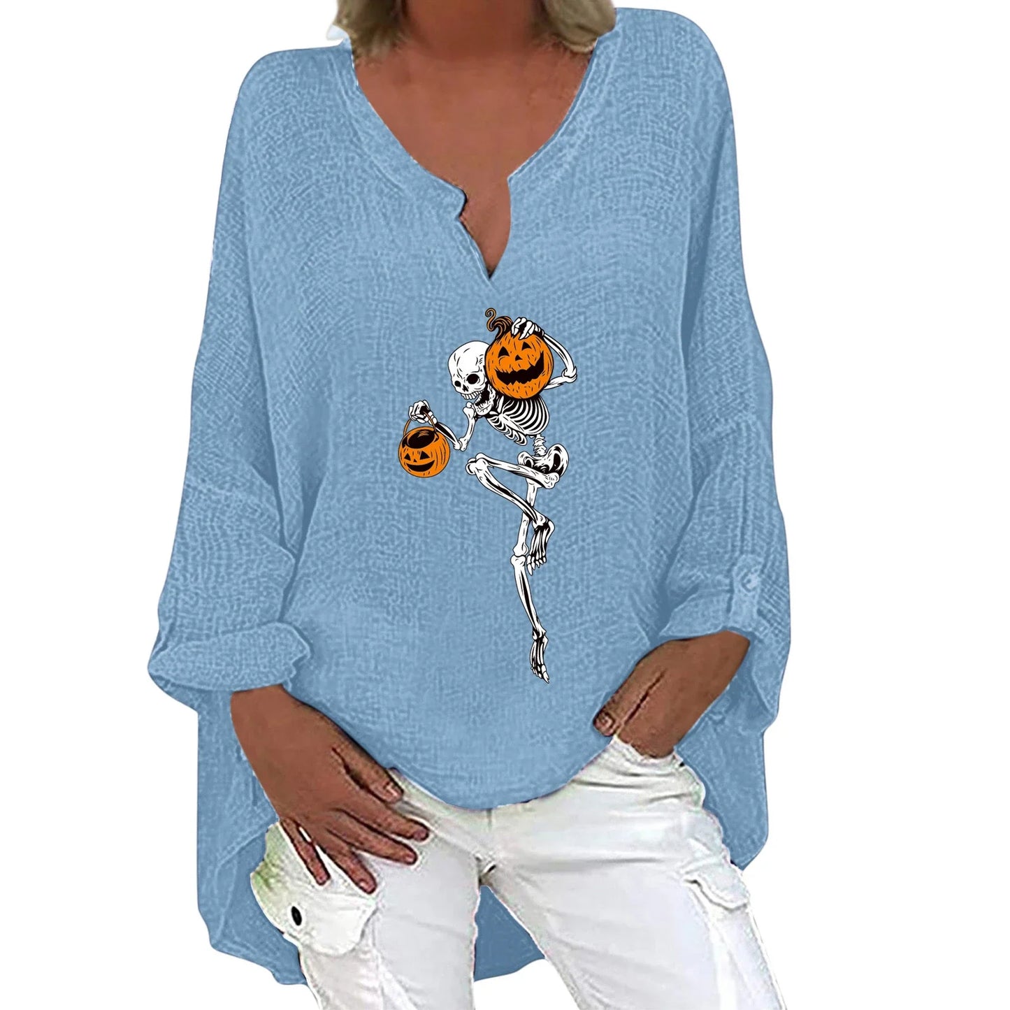 Trendha women's long sleeve shirt with Halloween-themed print, made from a soft cotton-linen blend fabric
