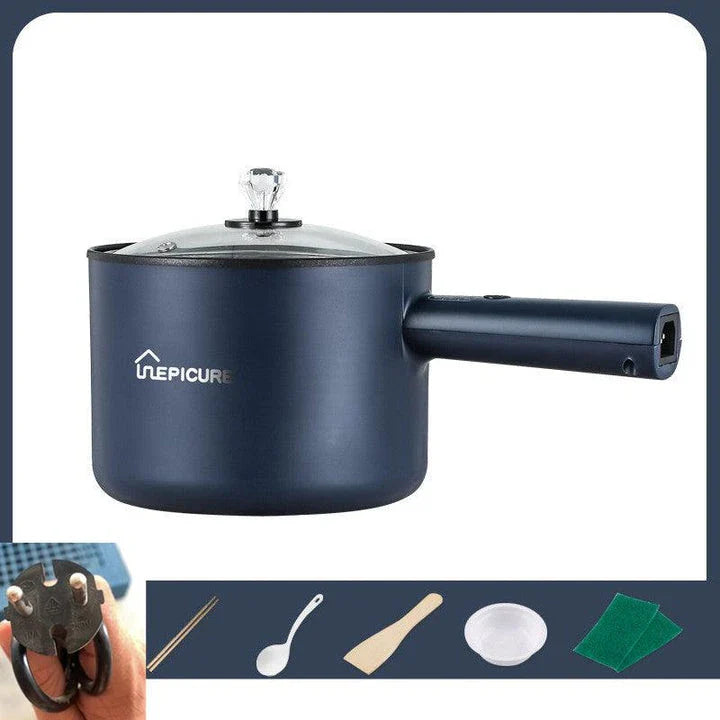 Versatile electric cooker in Emerald Green and Sapphire Blue colours, featuring manual and smart pot models with steaming grids for a range of cooking functions.