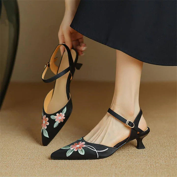 Embroidered pointed toe summer sandals with spike heel and adjustable buckle strap, perfect for Kiwi fashion