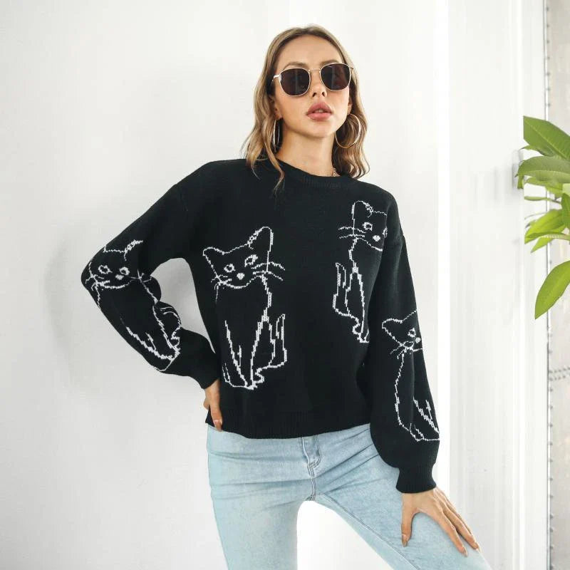 Relaxed-fit women's pullover sweater with cozy cat brocade pattern, perfect for autumn and winter in New Zealand