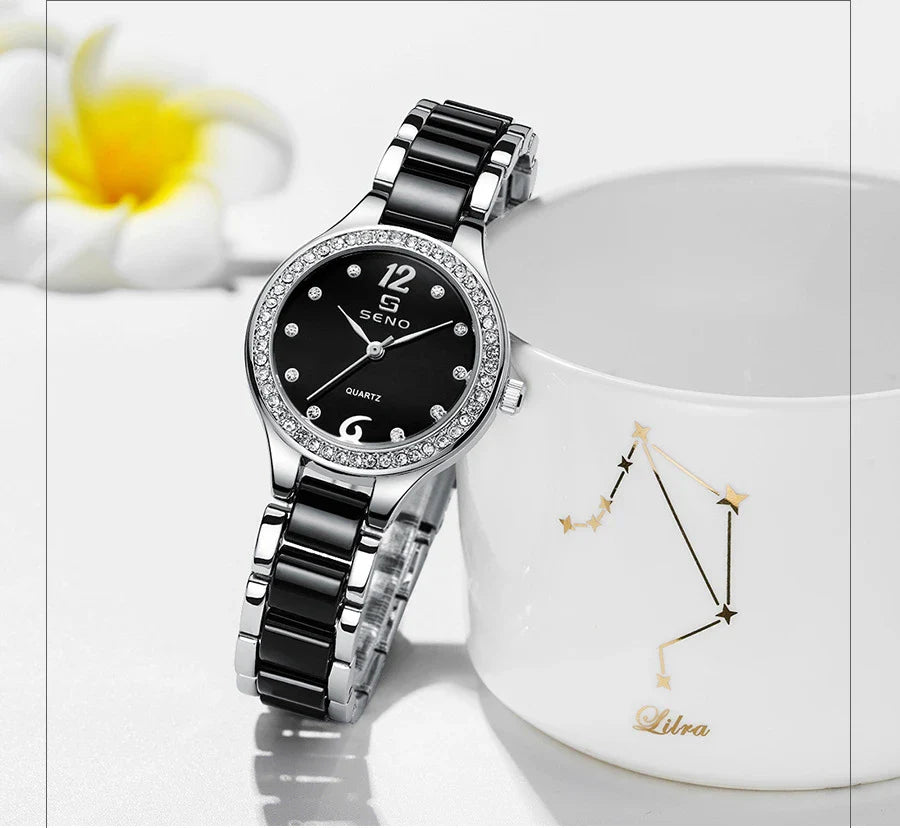 Ceramic Ladies Bracelet Watch in a silver and white color with a durable stainless steel buckle