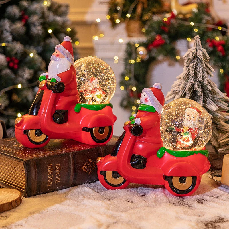 Festive music box Christmas decorations with motorcycle and snowman designs, perfect for adding Kiwiana charm to your holiday decor