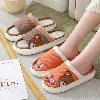 Cozy cartoon bear linen slippers with non-slip soles, perfect for indoor Kiwi comfort