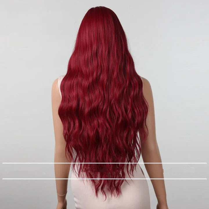 A vibrant rose red long curly wig with big, beautiful waves made with high-quality heat-resistant fibers for a captivating look.