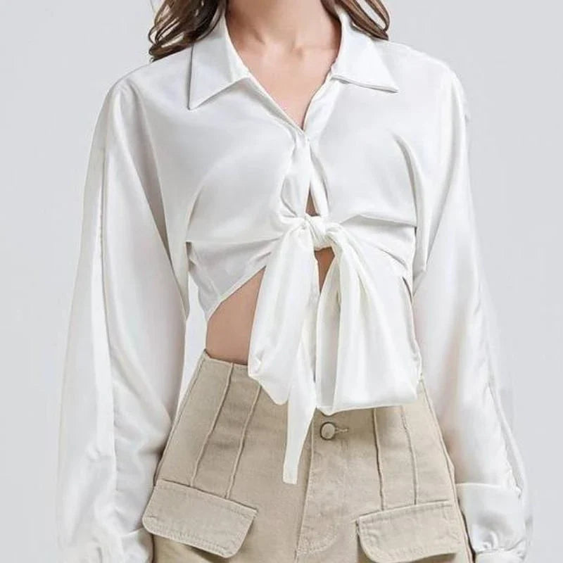 Elegant Vintage V-Neck Long Sleeve Crop Blouse in solid white color, a timeless wardrobe essential for Kiwi women