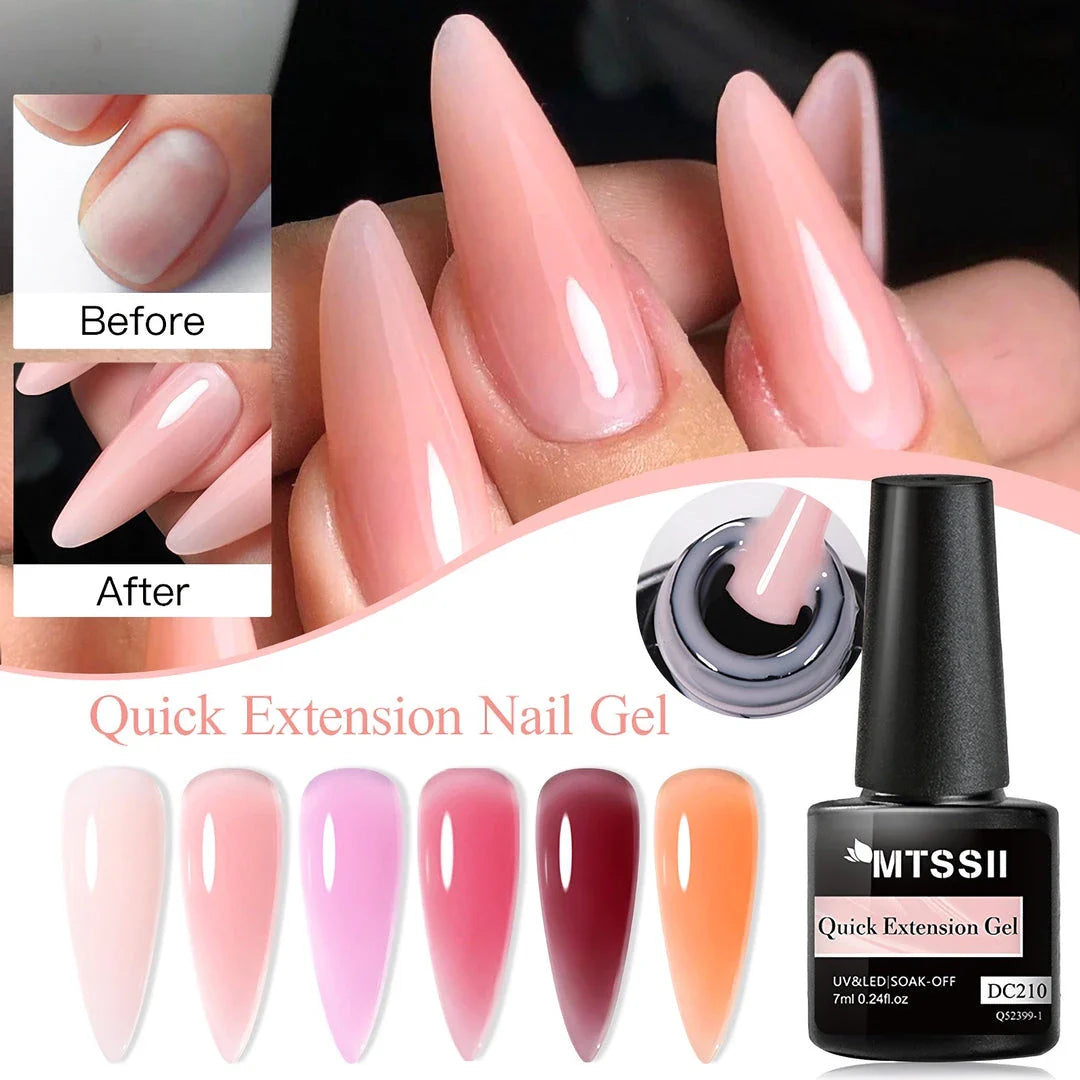 7ML Quick Extension Nail Gel in Glitter, Milky White, and Nude Pink shades for creating salon-quality nail extensions at home