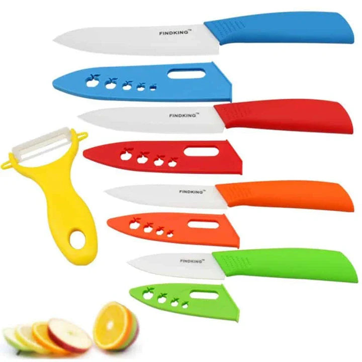 Set of premium ceramic knives with vibrant, colourful handles for a modern Kiwi kitchen