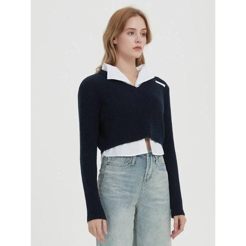 Sophisticated patchwork pullover sweater with a layered design, full sleeves, and a turn-down collar for Kiwi style and comfort