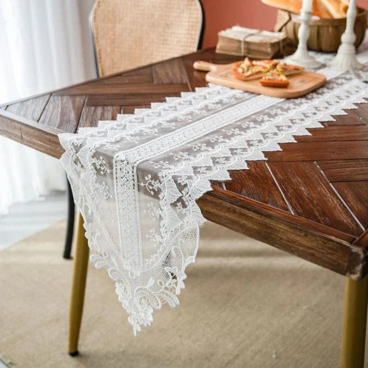 Elegant Lace Table Runner with intricate embroidery and hollowed-out design, perfect for enhancing the look of any dining table in New Zealand.