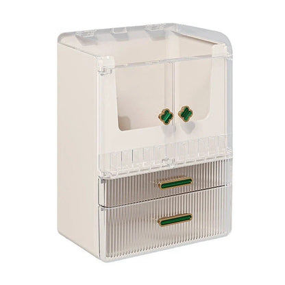 Large white makeup organizer drawer with transparent cover, storing various cosmetic products and accessories