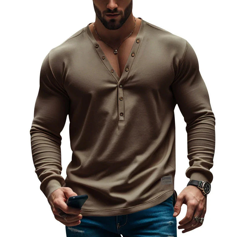 Sleek and stylish slim-fit buttoned v-neck top for the modern Kiwi man, featuring premium synthetic fabric and a versatile design.