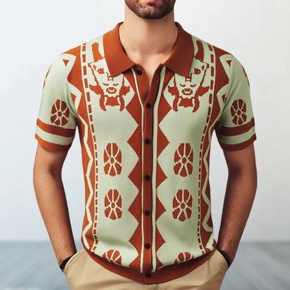 Stylish men's knitted polo shirt in brown with lapel collar, made with premium polyester fiber for comfort and durability