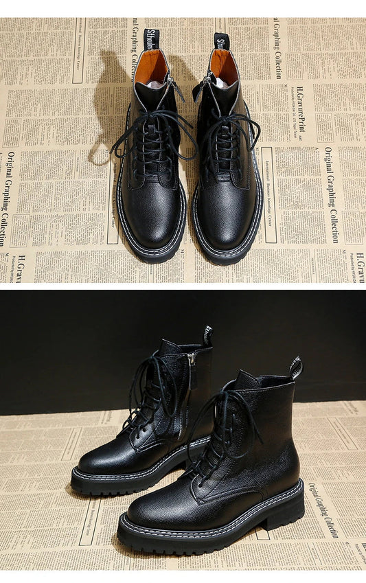 Stylish women's platform locomotive boots with leather upper and rubber sole, in black and cotton black colors