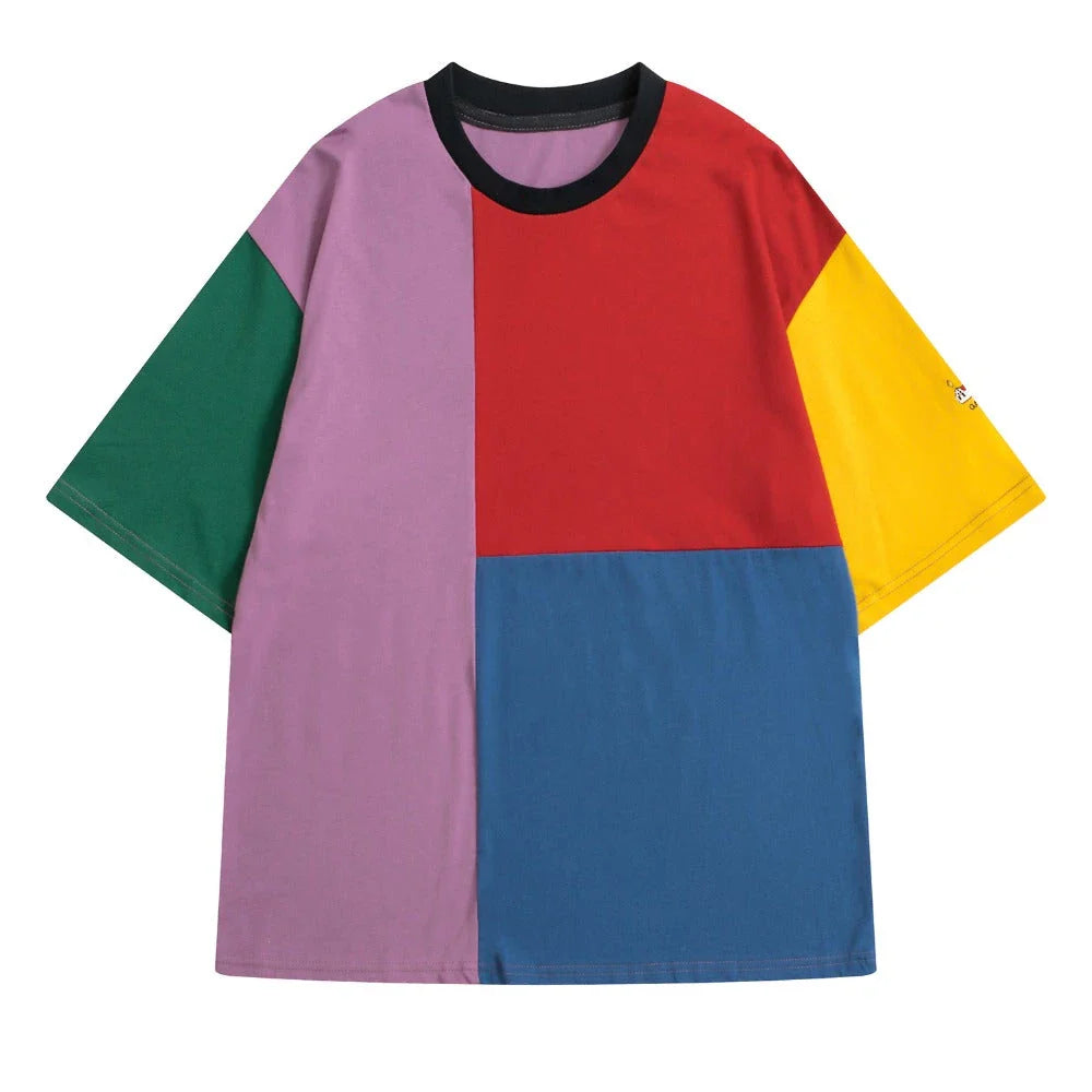 Timeless vintage cotton tee with colour block design and embroidered cuffs, perfect for summer in New Zealand