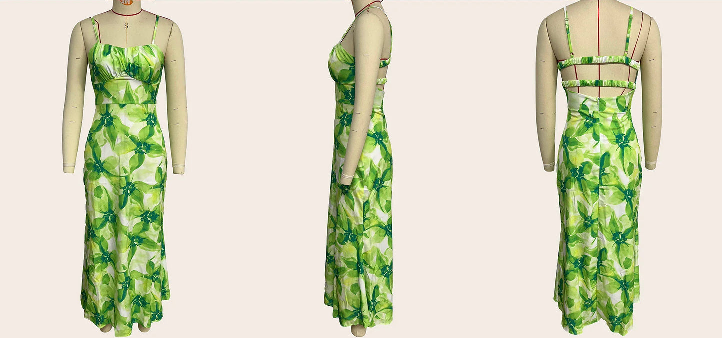 Stylish sleeveless backless midi dress with a vibrant floral print, perfect for any occasion