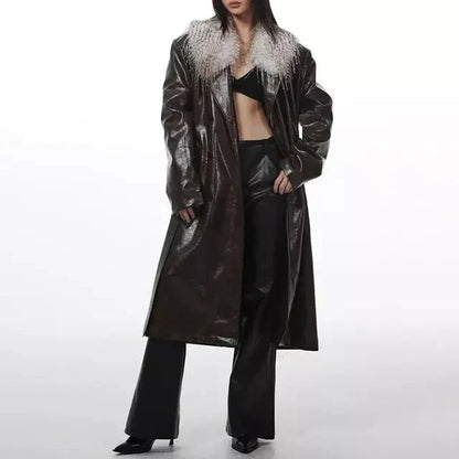 Women's chic PU leather overcoat with detachable fur collar and belt in brown