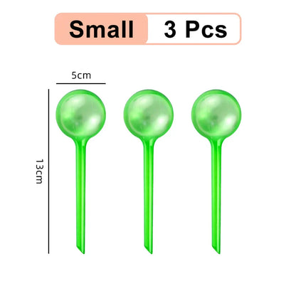 3 transparent auto-watering plant bulbs in different sizes, designed to keep indoor and outdoor plants hydrated and healthy