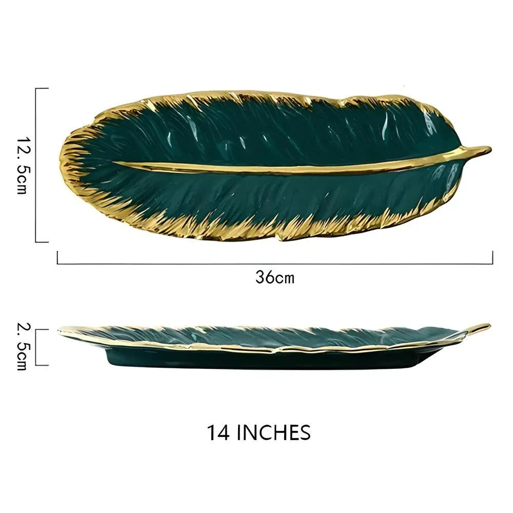 Elegant feather-shaped ceramic storage tray in white with hand-painted designs, perfect for serving, organizing, and decorating your Kiwi home