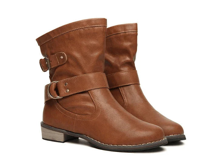 Stylish and comfortable low-heel round toe boots in classic black and brown colors, perfect for Kiwi fashion enthusiasts