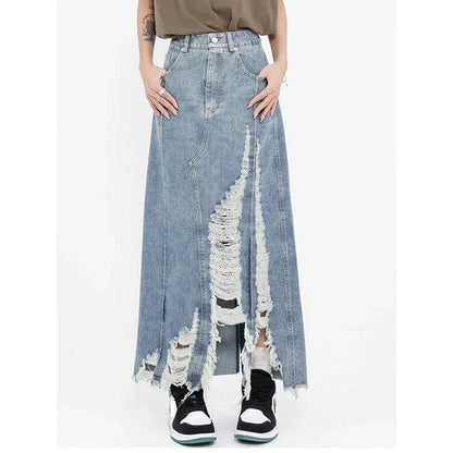 High-waisted denim skirt with unique pattern of holes and irregular burrs, made from premium cotton-polyester blend