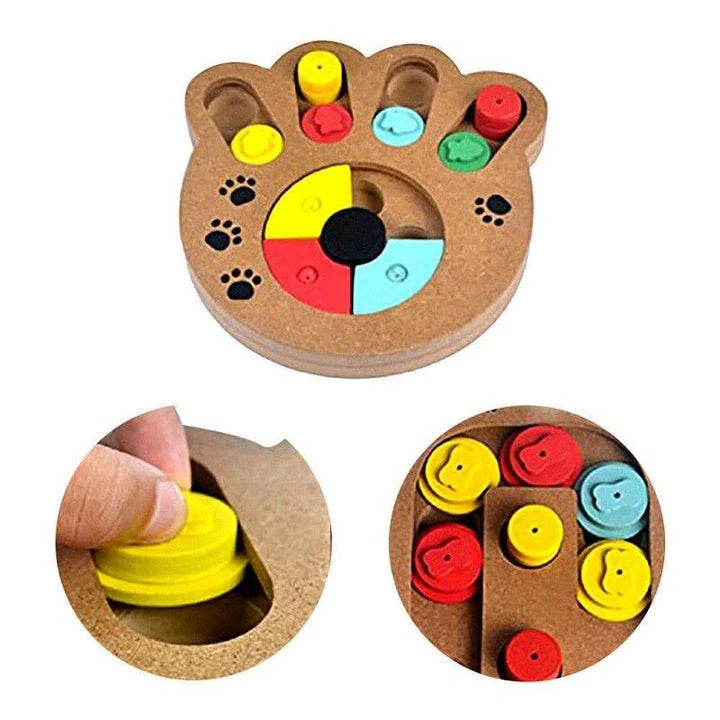 Paw-shaped puzzle treat board made of sustainable New Zealand pine, designed to challenge and enrich your dog's mind