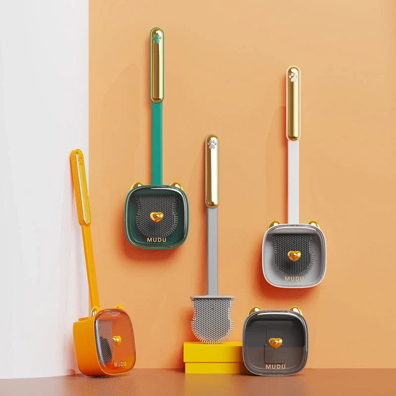 Stylish cat-themed wall-mounted toilet brush set with flexible silicone bristles for efficient cleaning in the Kiwi bathroom