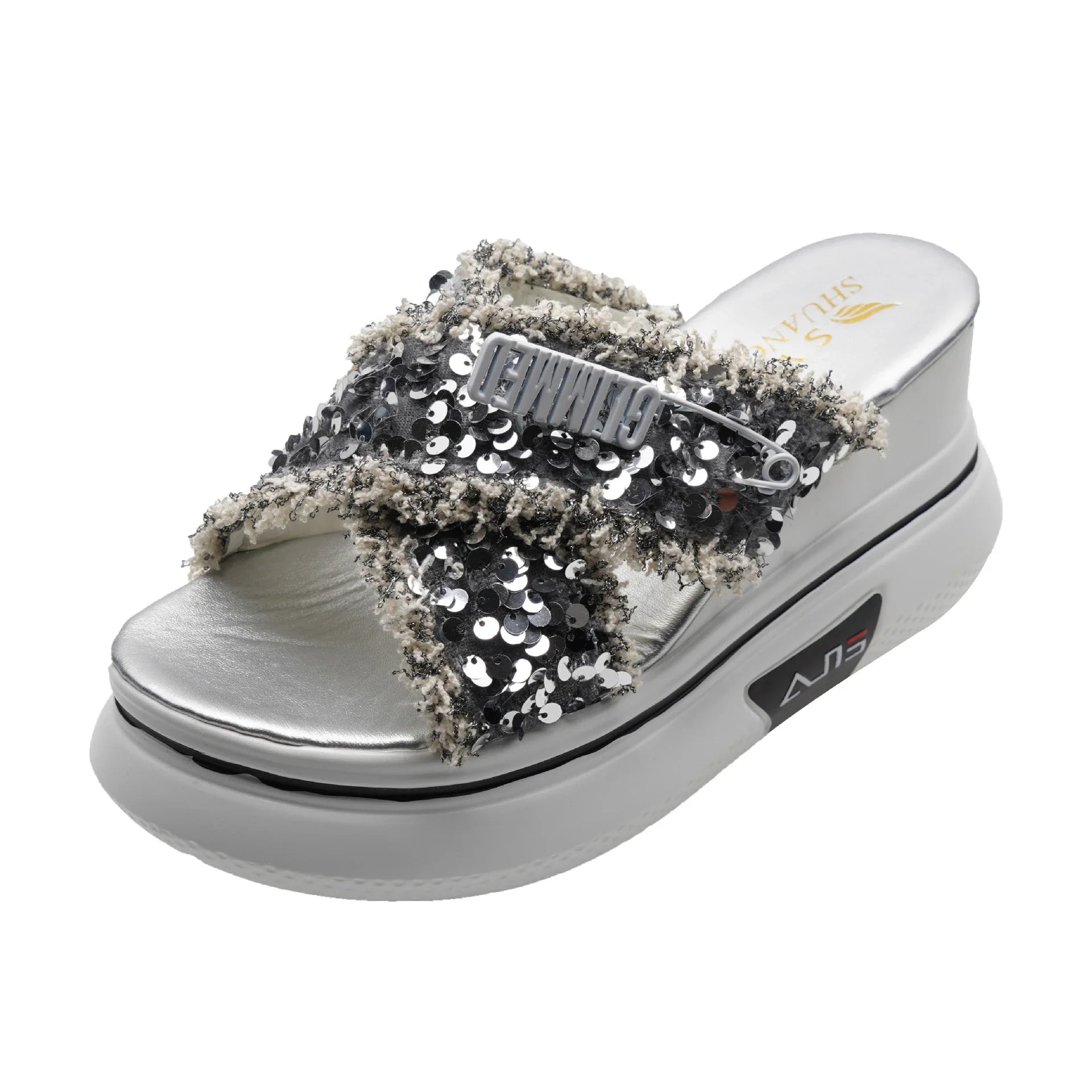 Sequinned sponge cake-inspired wedge sandals with thick, supportive soles and crossover design