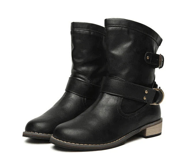 Stylish and comfortable low-heel round toe boots in classic black and brown colors, perfect for Kiwi fashion enthusiasts