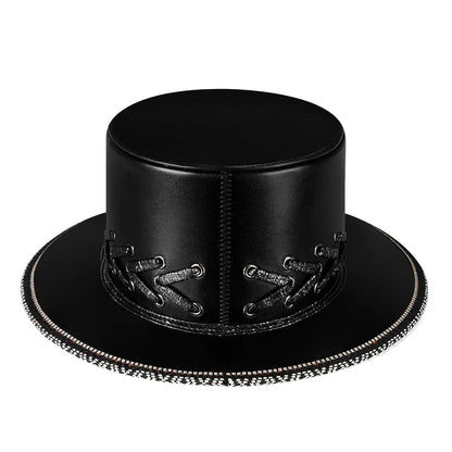 A black punk-style top hat with an embossed skull design, made of premium PU leather.