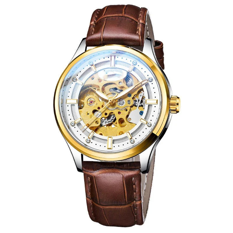 Gold-tone mechanical watch with a white or black leather strap, featuring a sleek and elegant design perfect for the Kiwi lifestyle.