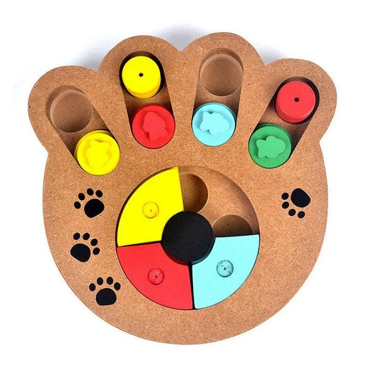 Paw-shaped puzzle treat board made of sustainable New Zealand pine, designed to challenge and enrich your dog's mind