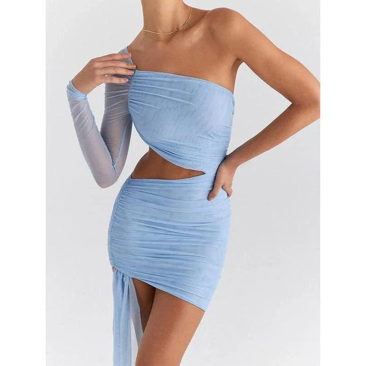 Stylish backless mini dress with mesh overlay in blue color, perfect for summer events in New Zealand