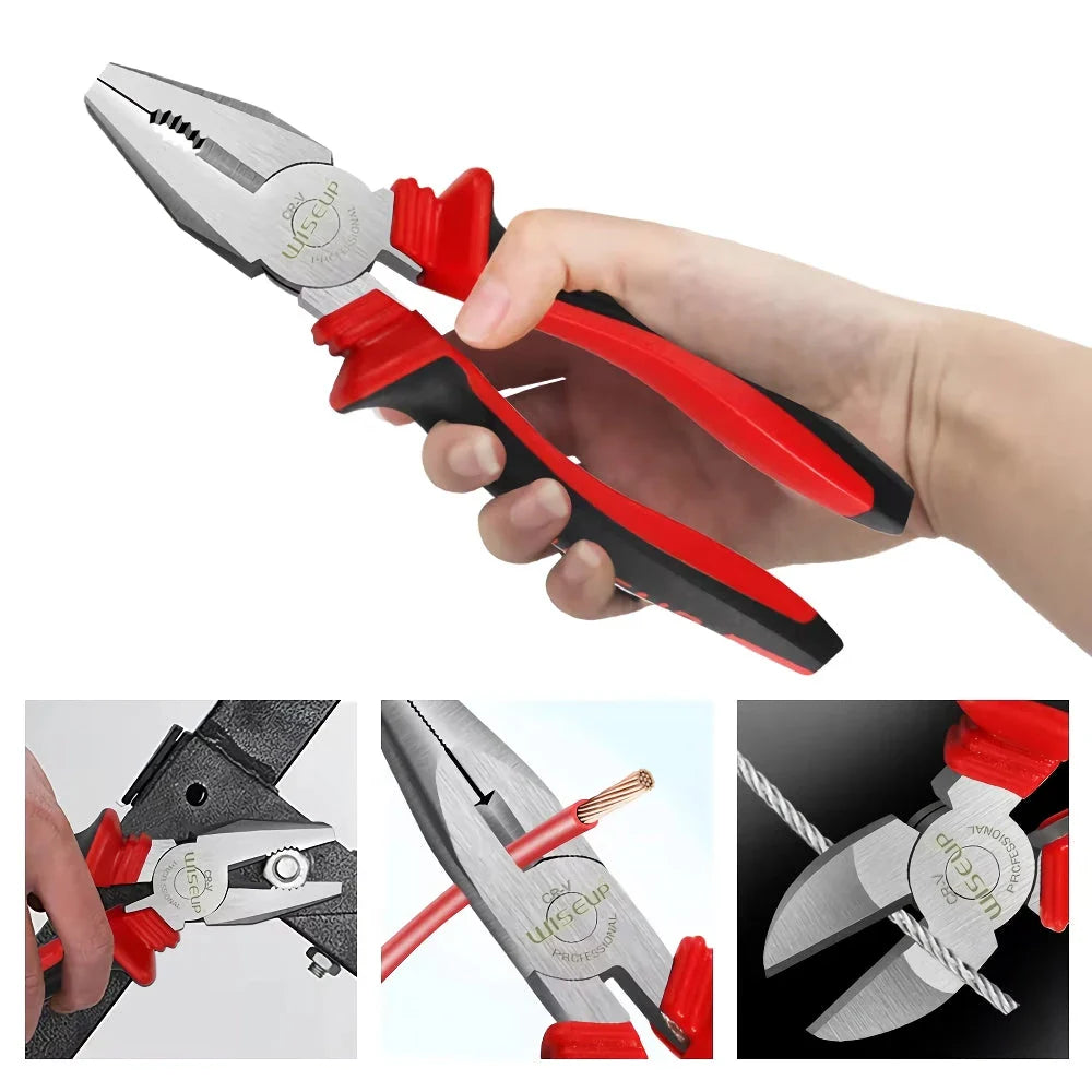 Multifunctional Universal Pliers Set with 8" combo pliers, 6" diagonal cutters, and 6" long-nose pliers made from durable chrome vanadium steel