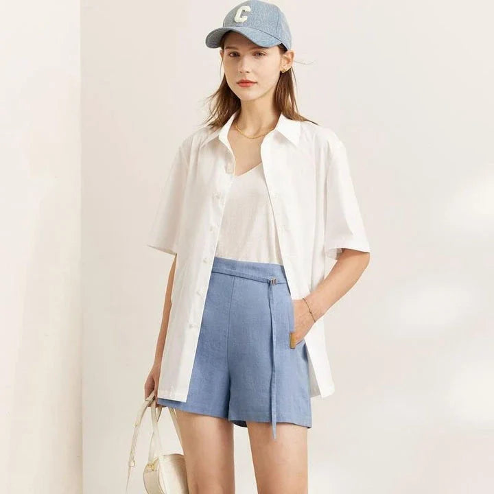 Elegant cotton-linen casual shorts in a versatile apricot shade, perfect for Kiwi women's summer wardrobes