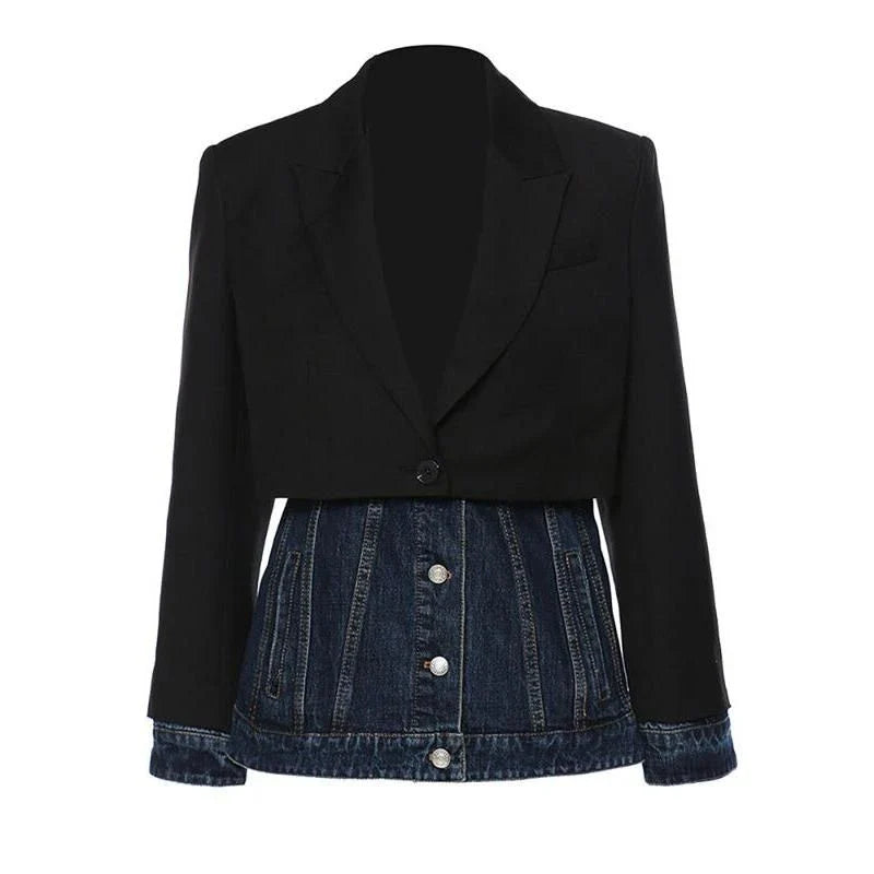 Autumn 2024 Patchwork Denim Blazer for Kiwi Women with stylish design and full-length sleeves