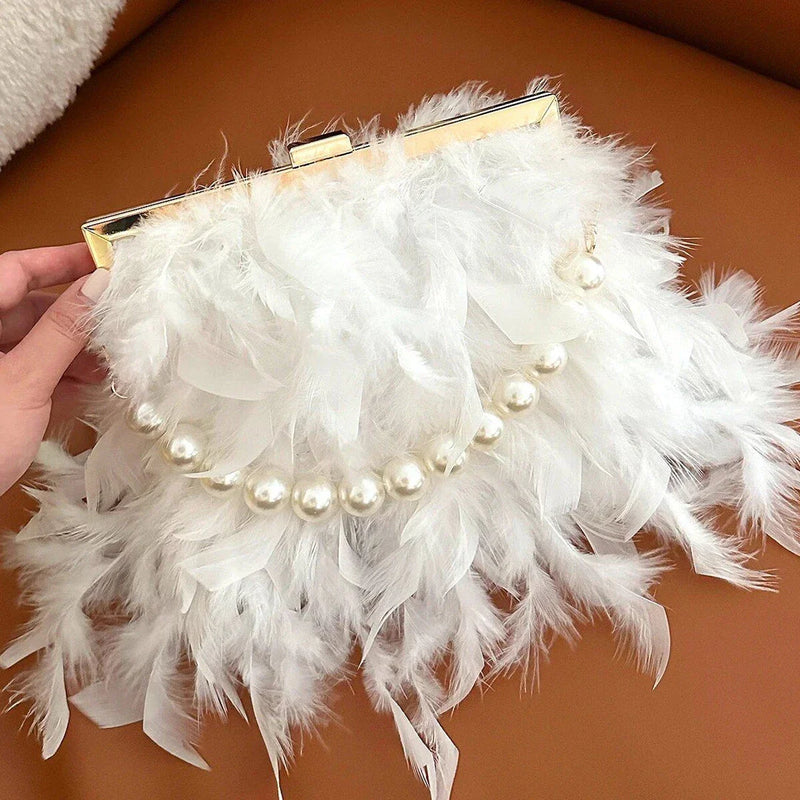 Shopfluxpro NZ Elegant Feather and Pearl Clutch - Sophisticated Accessory for Kiwi Fashionistas