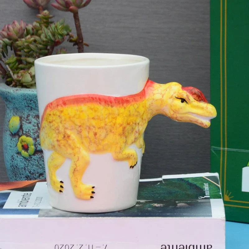 Unique 3D Ceramic Dinosaur Mugs in Tyrannosaurus, Stegosaurus, Triceratops, and Helmet designs - Premium porcelain construction with hand-painted details