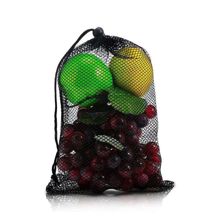 Nylon mesh drawstring storage bag in various sizes, suitable for storing sports gear, laundry, and more