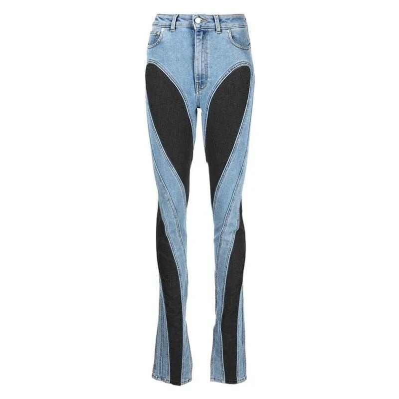 High Waist Slim Fit Patchwork Denim Pants in various sizes and colors, perfect for Kiwi fashion enthusiasts