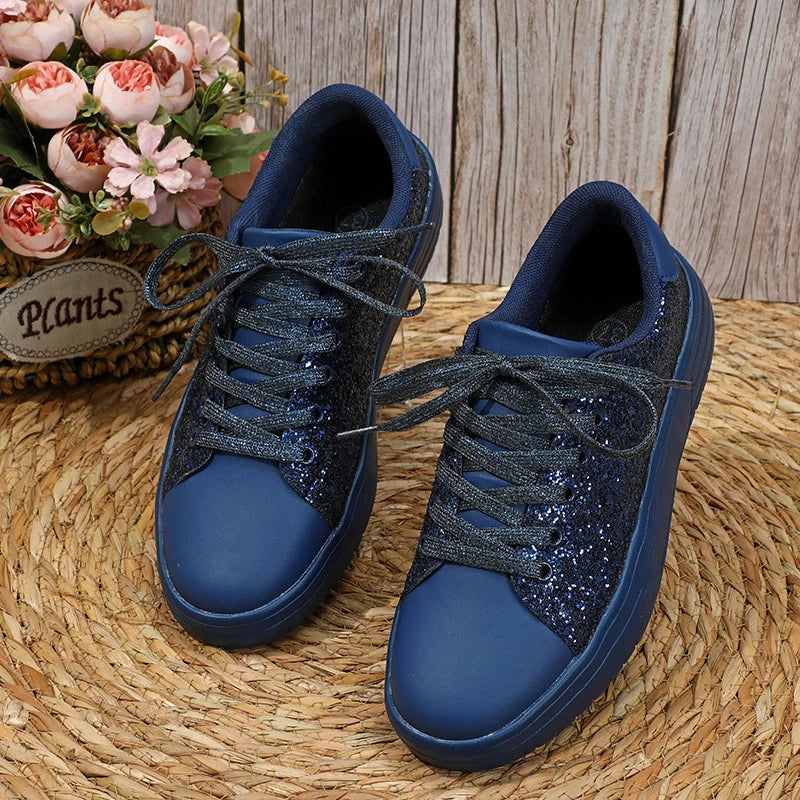 Stylish sequin sneakers for Kiwi women with thick soles and trendy lace-up design, available in various vibrant colours