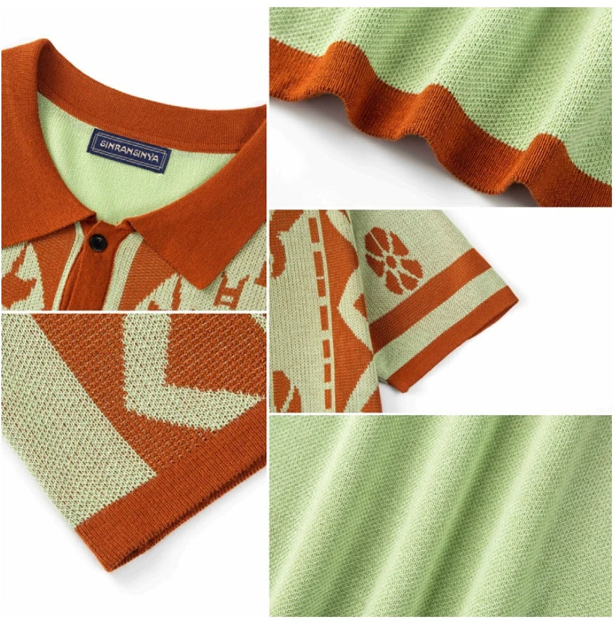 Stylish men's knitted polo shirt in brown with lapel collar, made with premium polyester fiber for comfort and durability