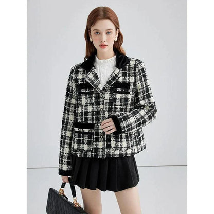 Stylish plaid woollen women's short jacket with contrast colour patchwork, perfect for Kiwi winters