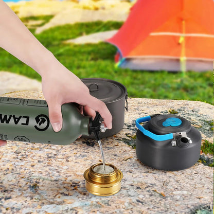 Portable aluminium fuel bottle with spill-proof cap and venting pipe, ideal for Kiwi outdoor adventures